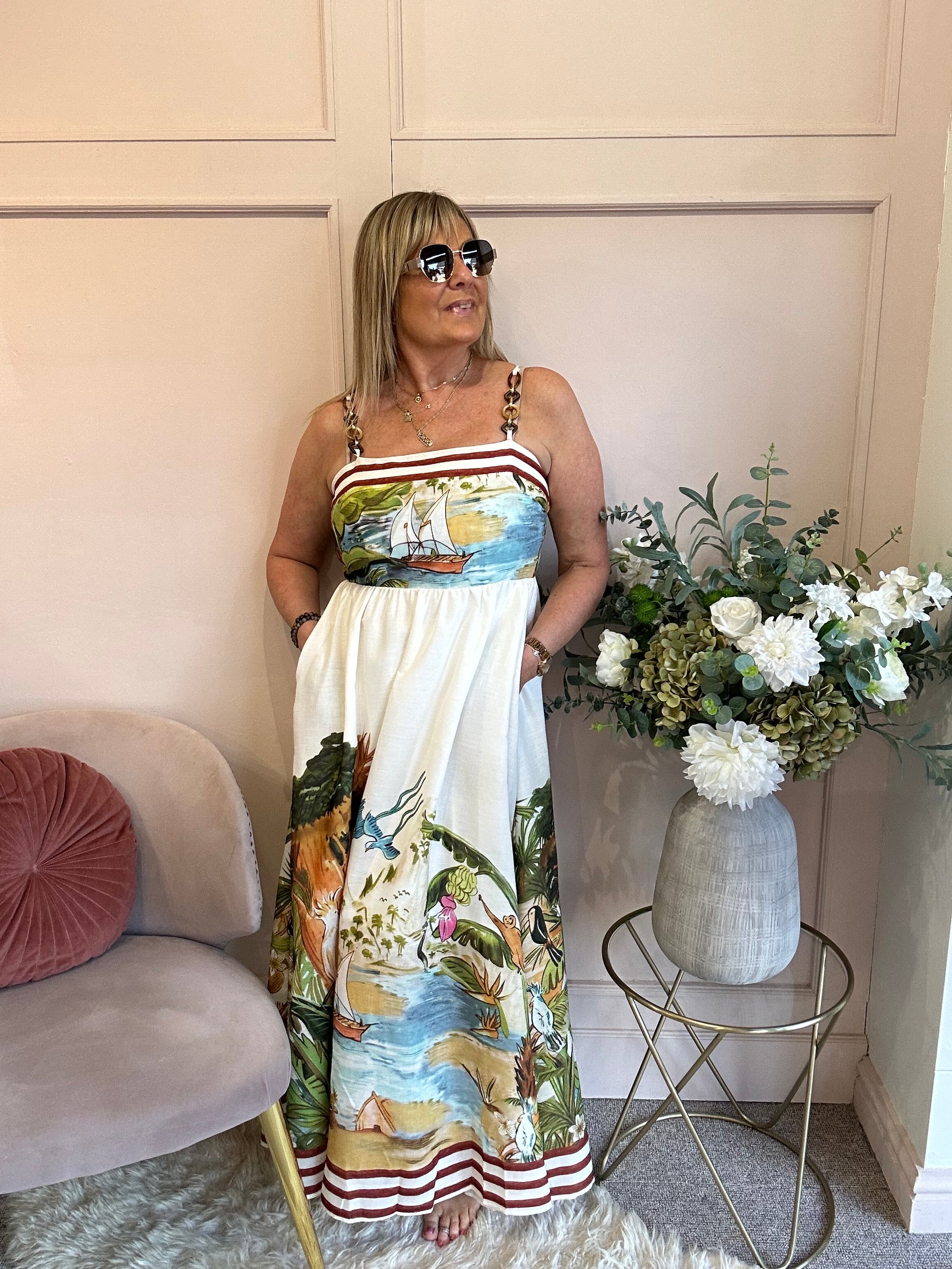 Lost In Paradise Maxi Dress - Cream/Green - Wardrobe By Simone
