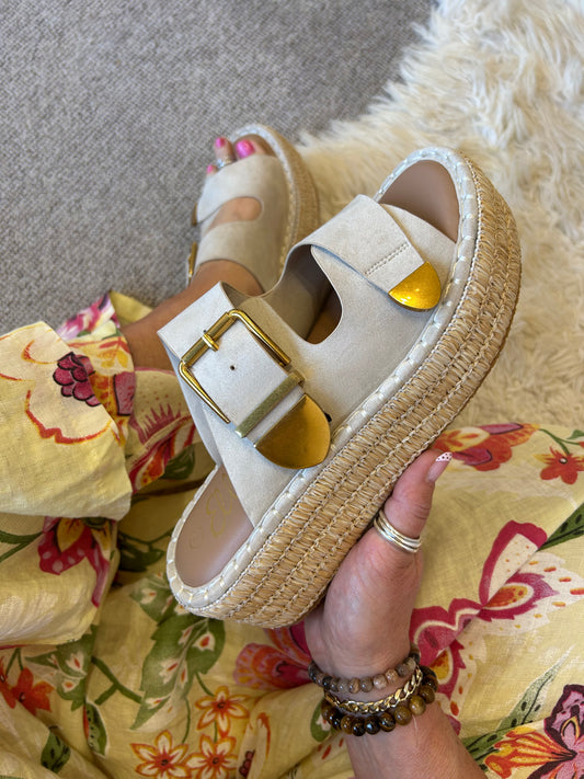 Ivy Buckle & Weave Slider Sandal - Cream - Wardrobe By Simone