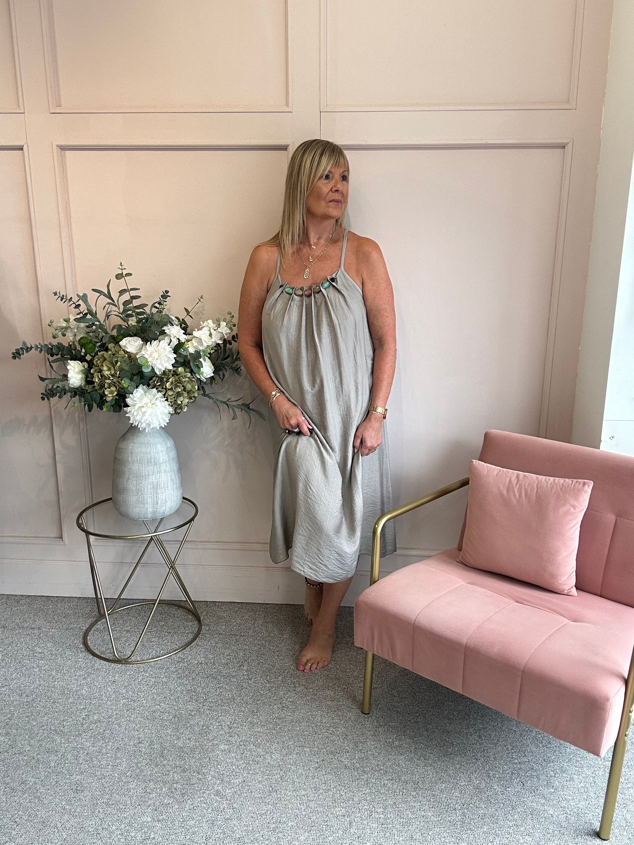 Beaded Strapy Sundress Dress - Taupe