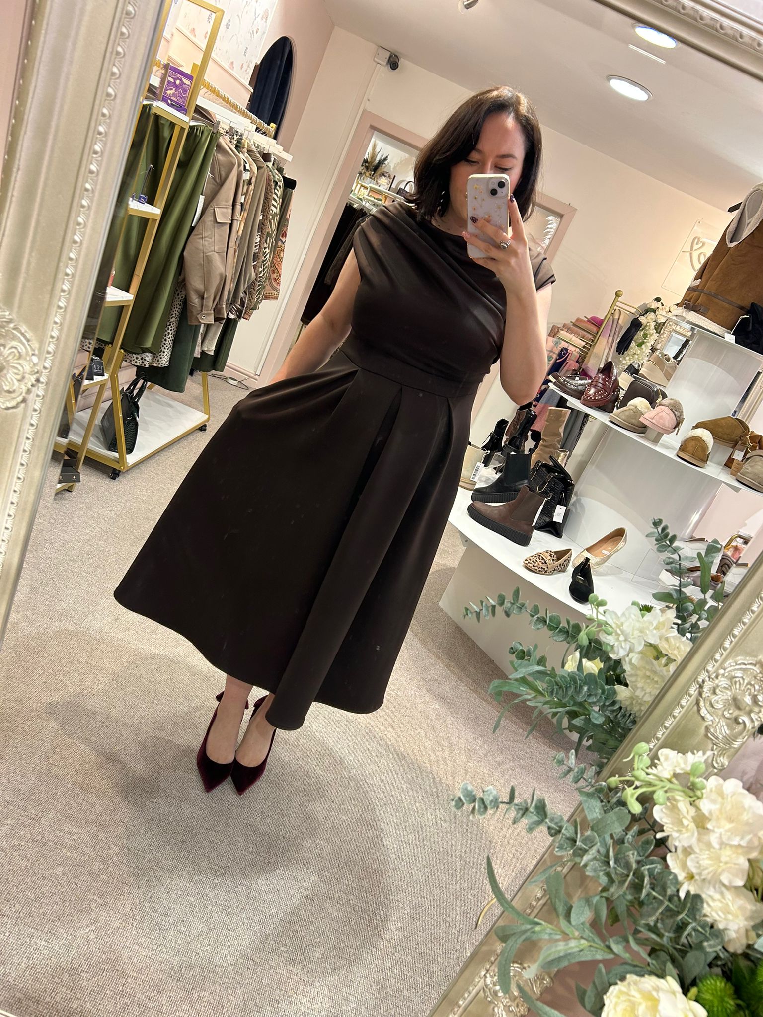 Asymmetric Neckline Skater Dress - Brown