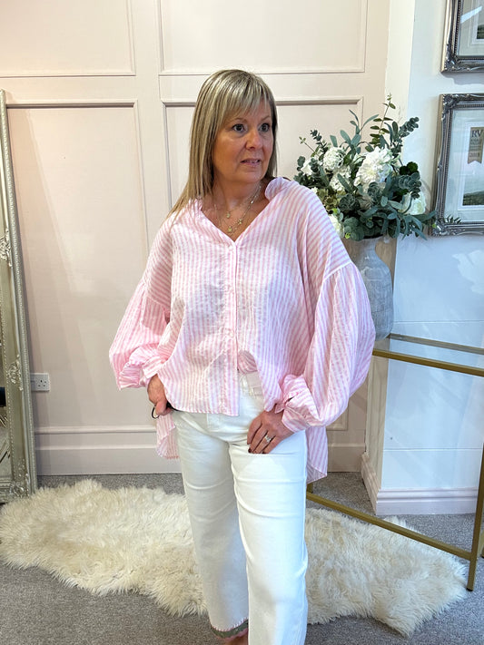 Striped Grandad Shirt - Pink/White - Wardrobe By Simone