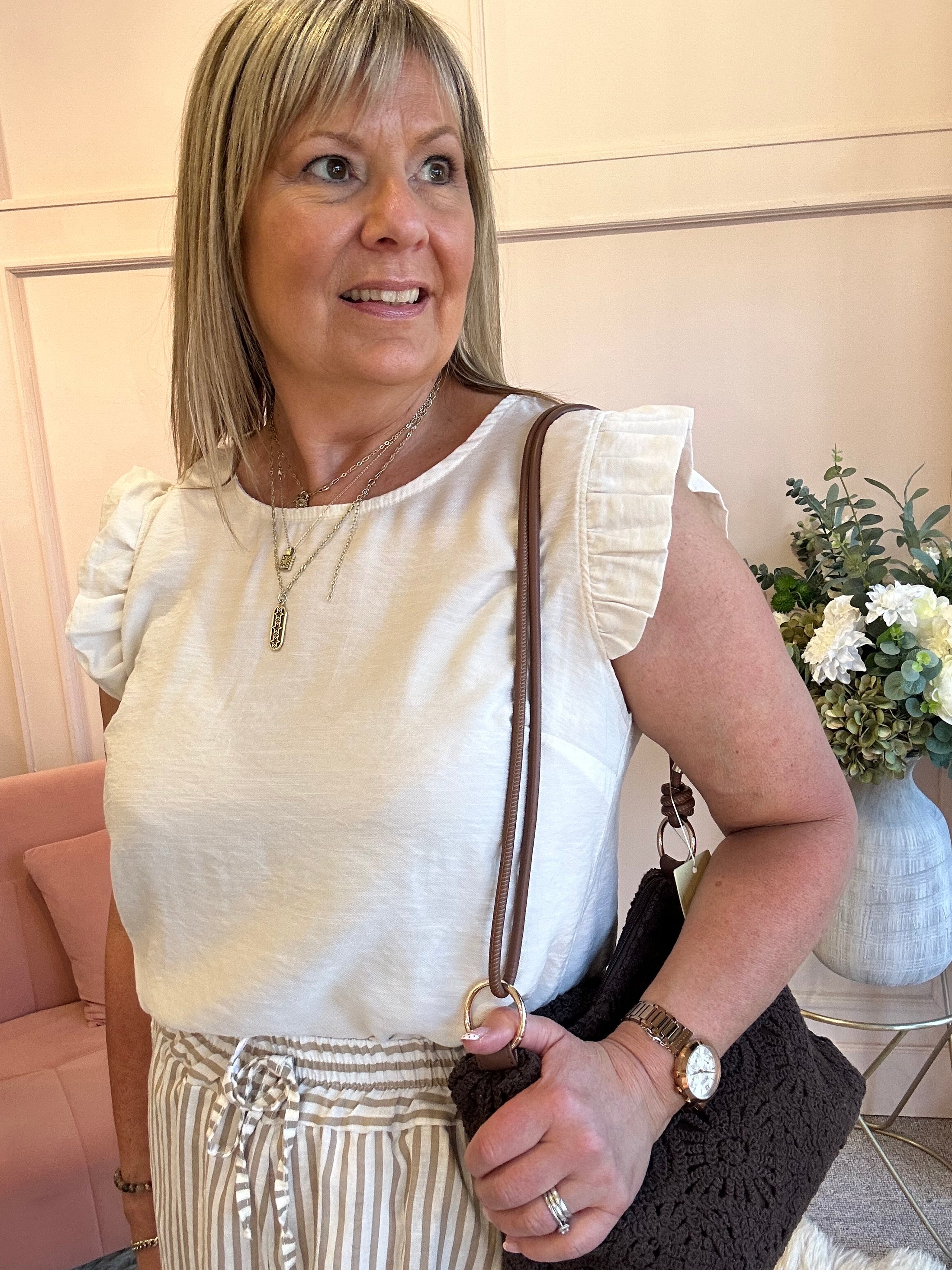 Frill Cap Sleeved Top  - Cream - Wardrobe By Simone