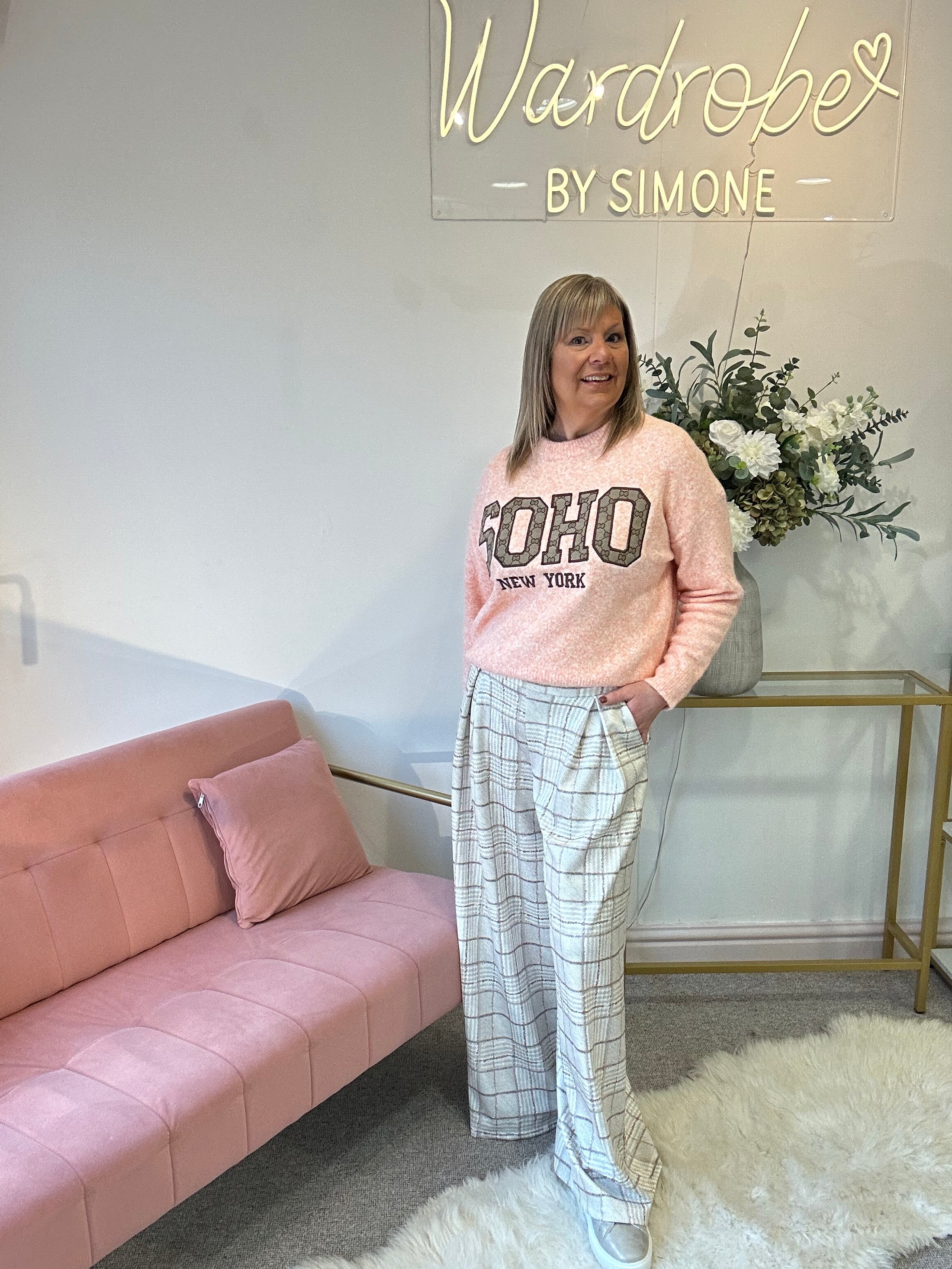 Checked Pleated Wide Pant - Cream/Beige - Wardrobe By Simone