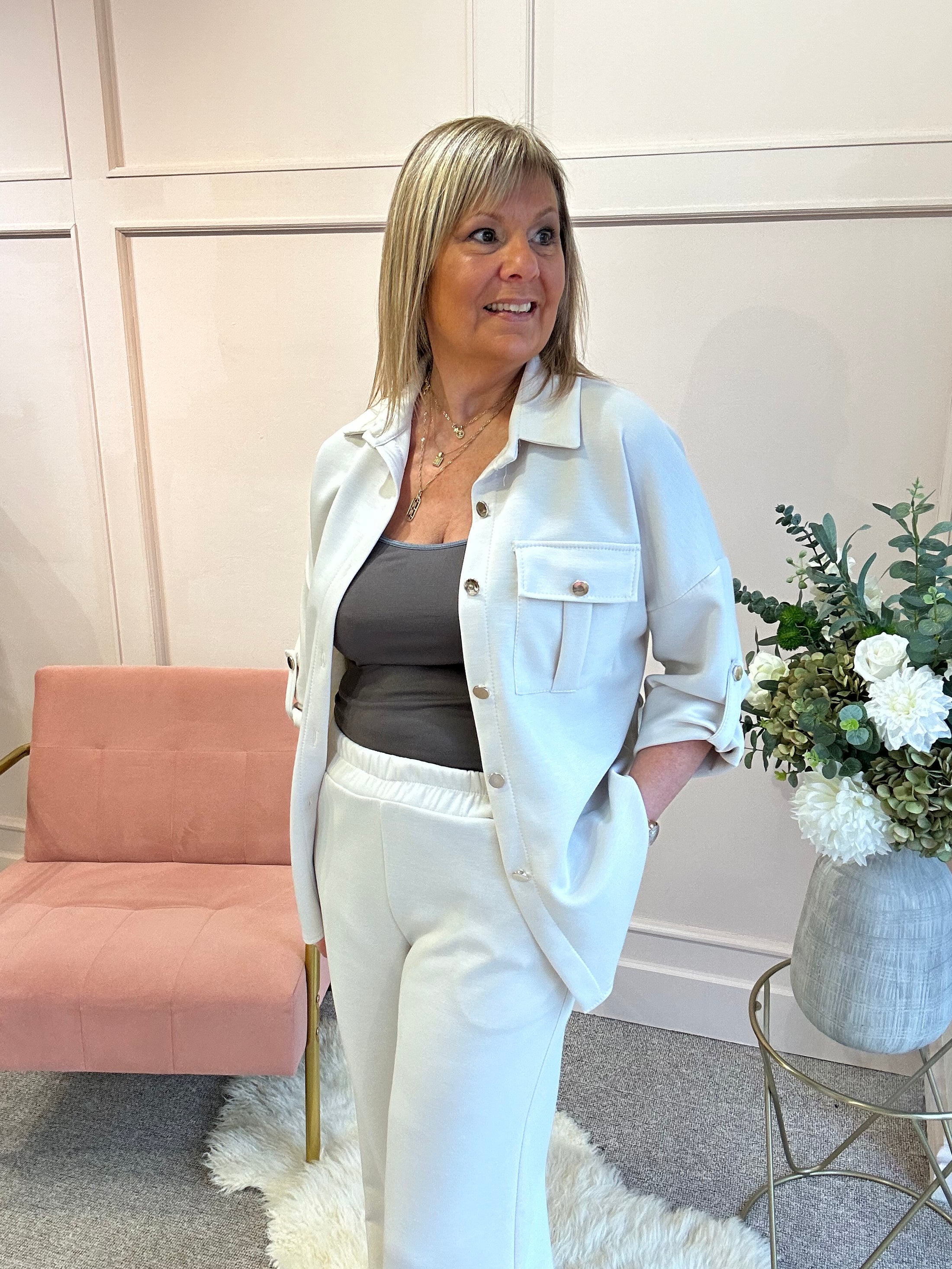 Tunic Shirt Jacket &Trouser Set - Cream