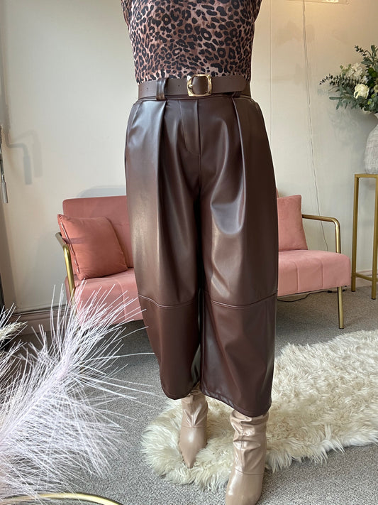 Faux Leather Wide Leg Trouser - Brown