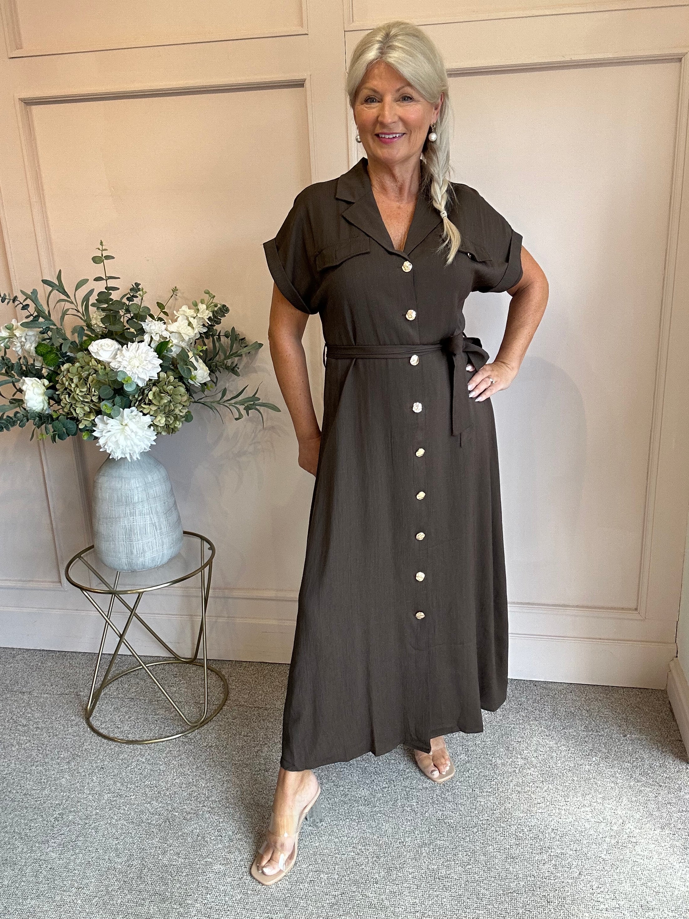 Gold Button Shirt  Dress - Brown - Wardrobe By Simone