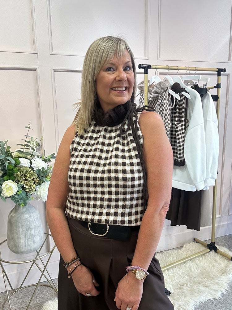 Ruffle Nec Top - Dark Brown Check