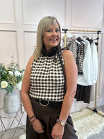 Ruffle Nec Top - Dark Brown Check