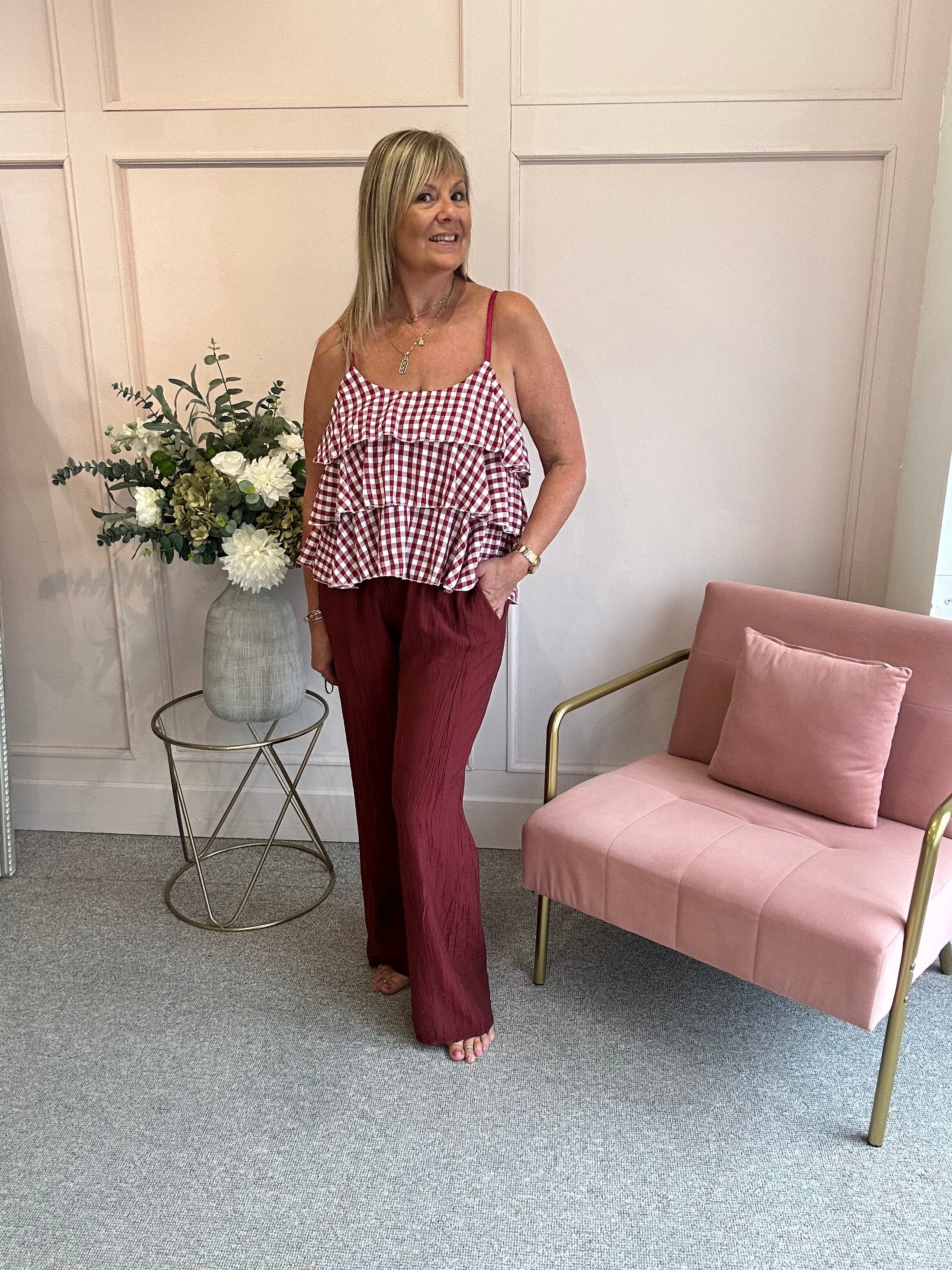 Ra-Ra Gingham Cami Top - Wine/White
