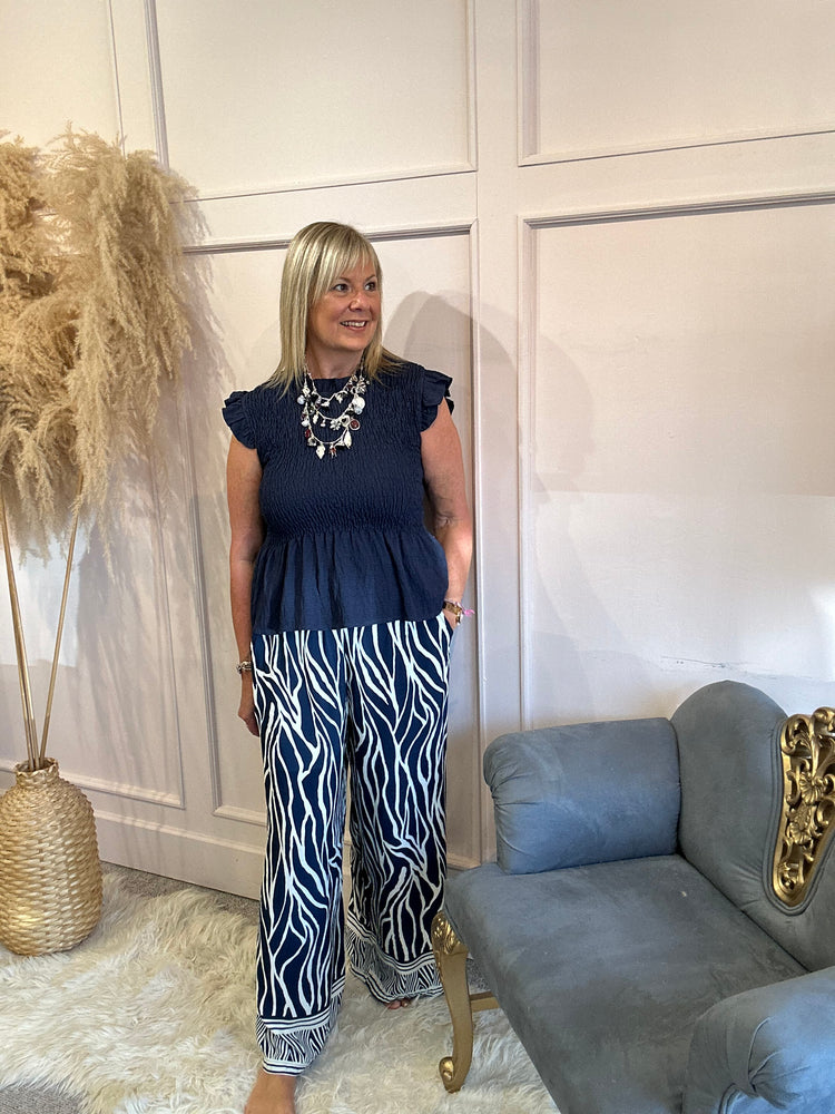 Ruched Bodice Peplum Top - Navy