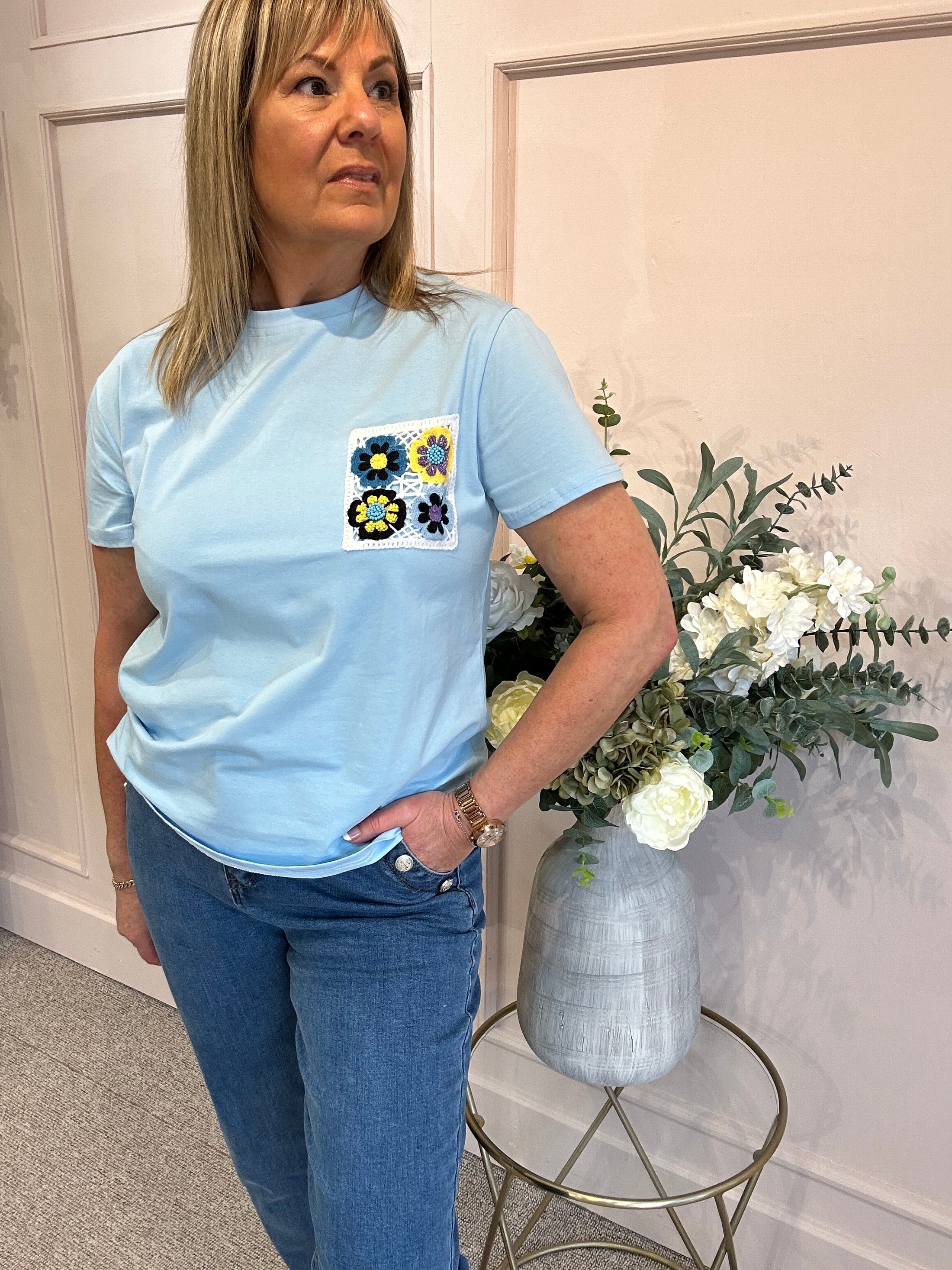 Crochet Pocket T-Shirt - Blue/Yellow - Wardrobe By Simone