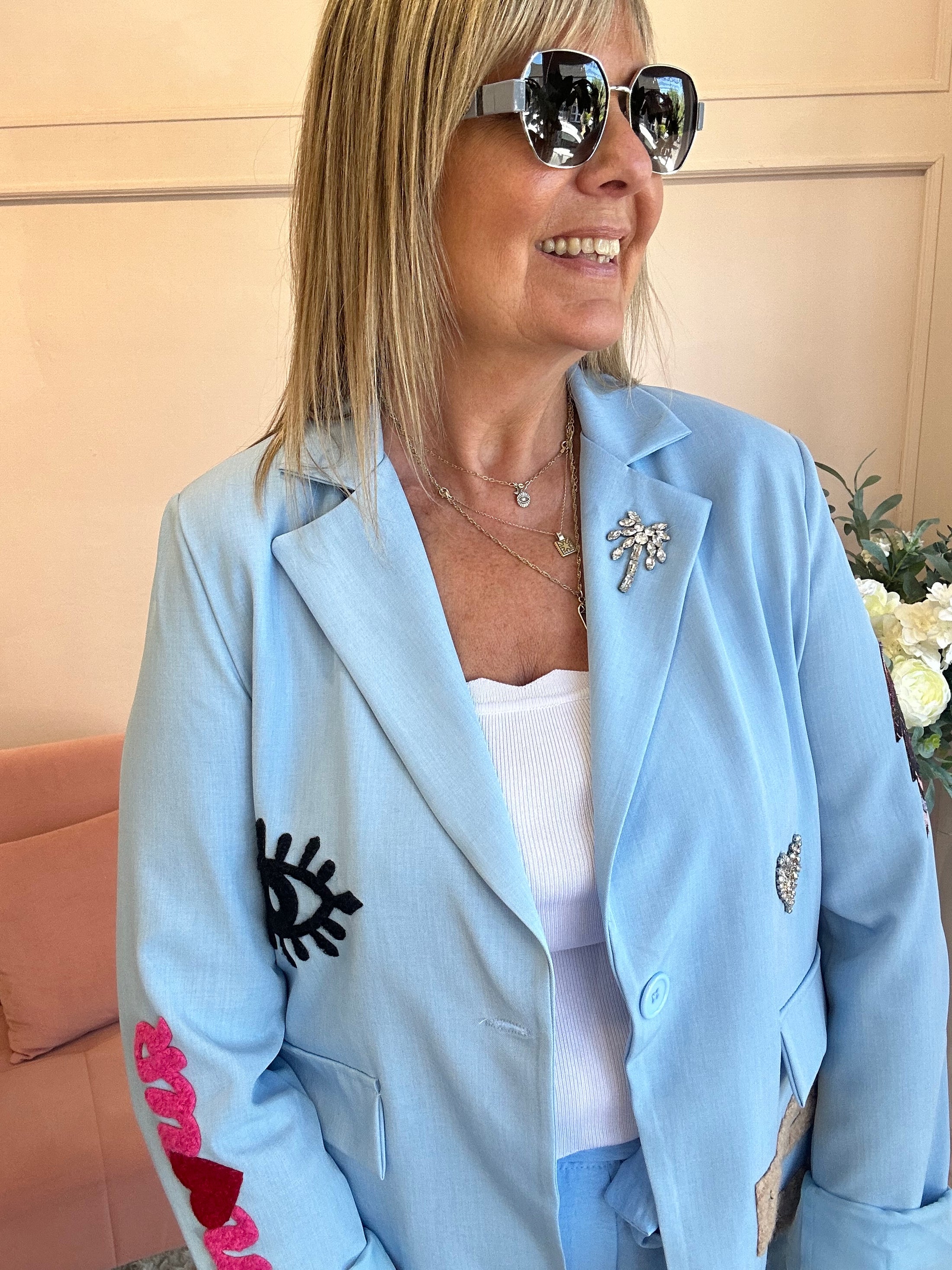 Rock & Roll Oversized Blazer Jacket - Cornflower Blue - Wardrobe By Simone