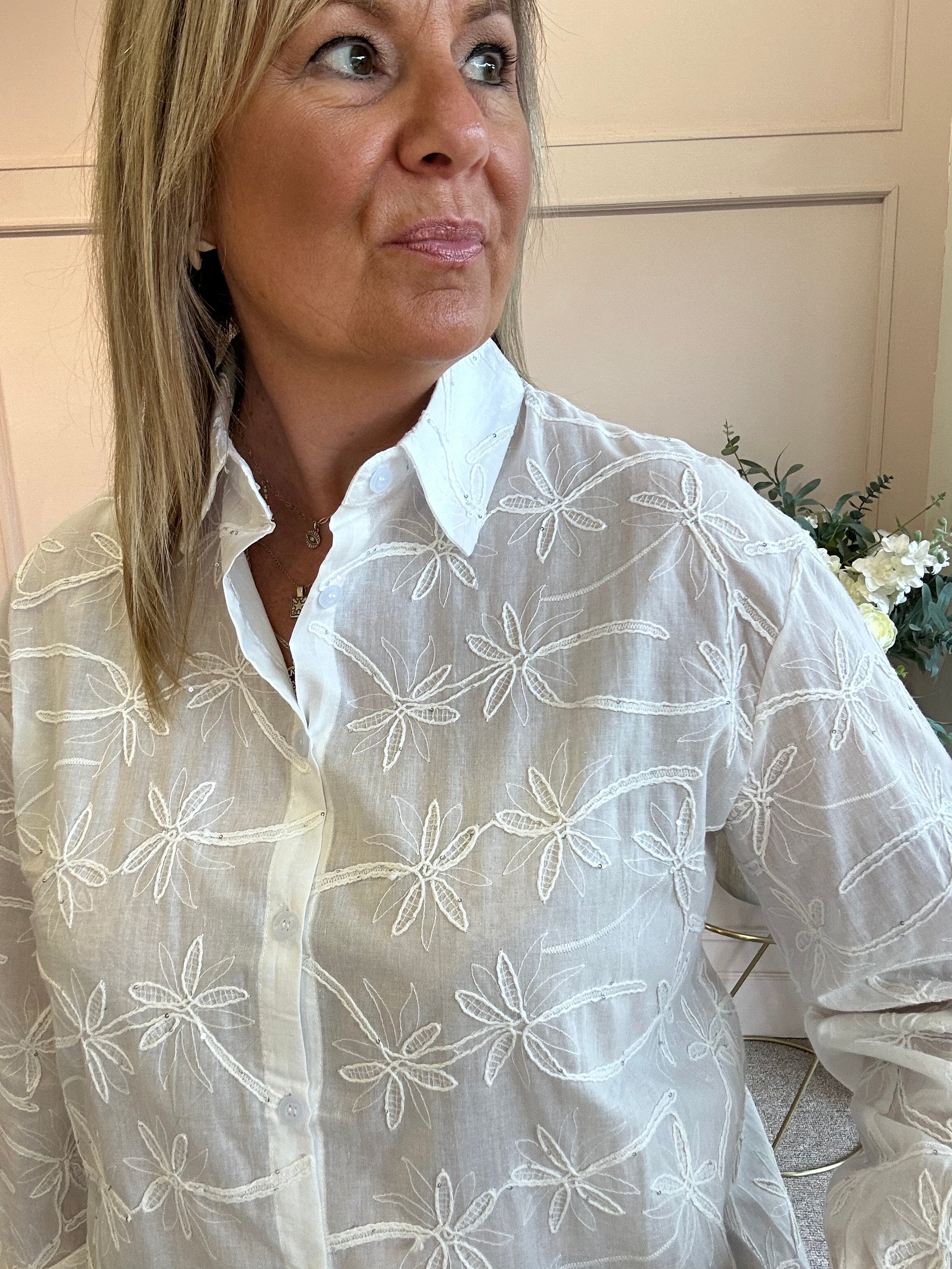 Flower Embroidered  Shirt - White