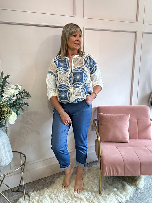 Textured Zipped Top - Cream/Blue - Wardrobe By Simone