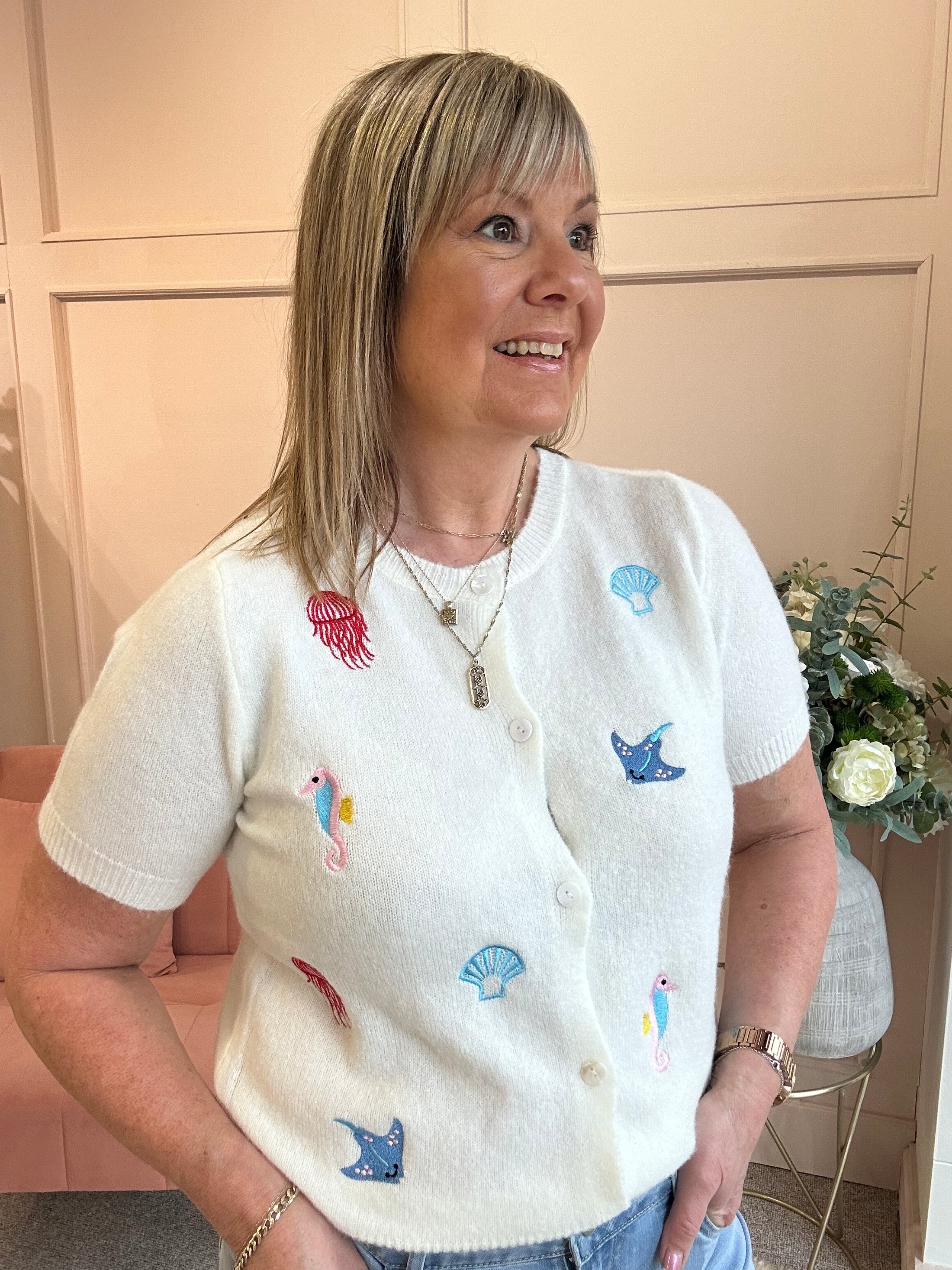 Sealife Embroidered Cardigan - Soft Cream - Wardrobe By Simone