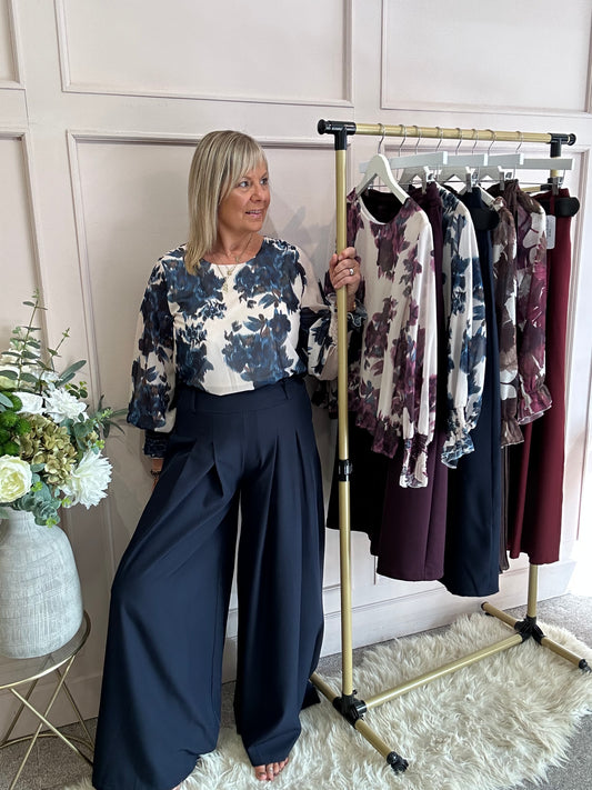 Wide Leg Pin tuck Front Trouser - Navy