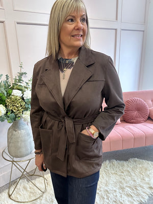 Belted Suedette Jacket - Brown