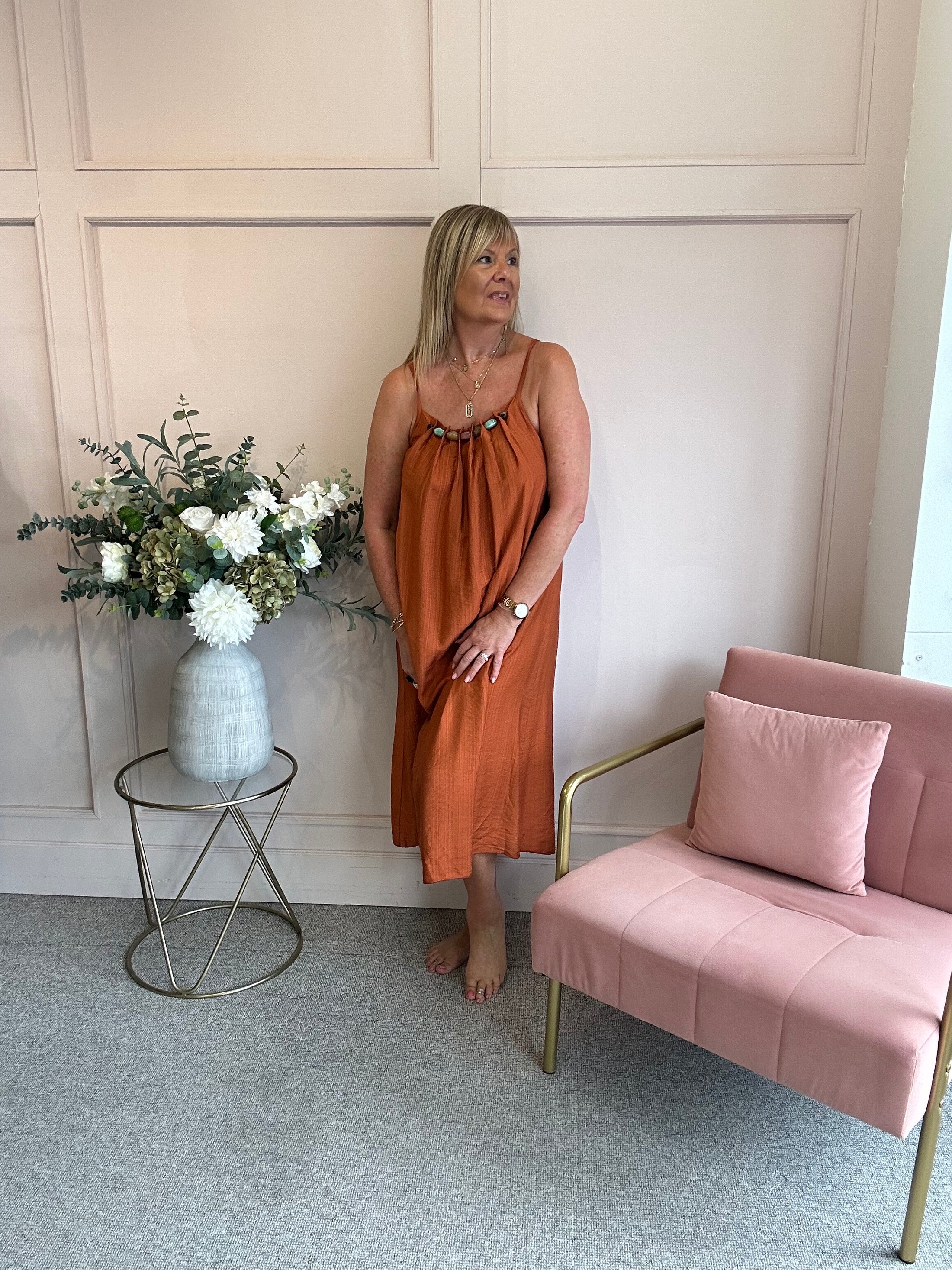 Beaded Strapy Sundress Dress - Rust