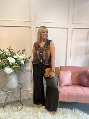 Bold Stripe Frill Edge Top - Brown/Khaki - Wardrobe By Simone