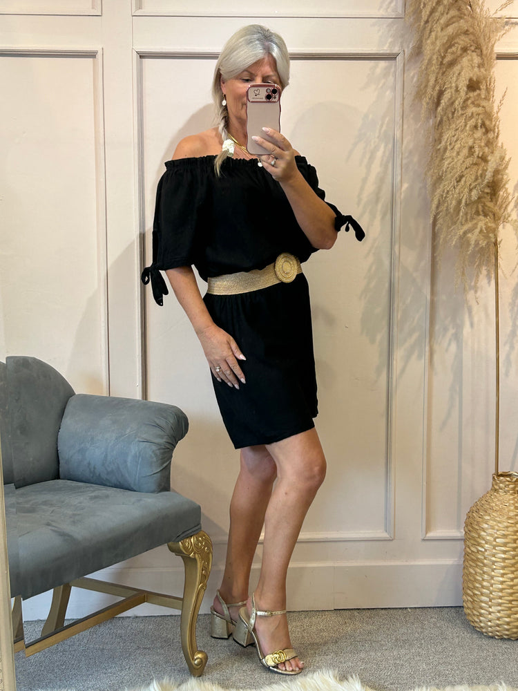 Linen Bardot Top & Shorts Playsuit - Black