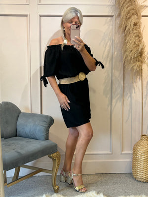 Linen Bardot Top & Shorts Playsuit - Black