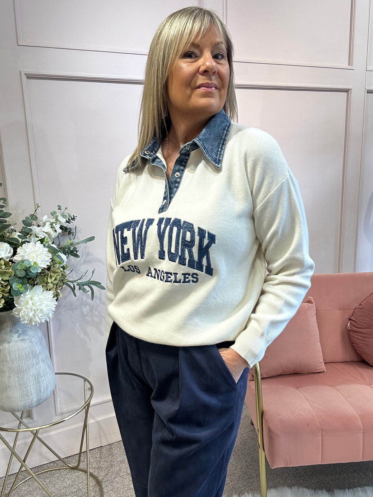 New York Denim Collar Jumper - Cream