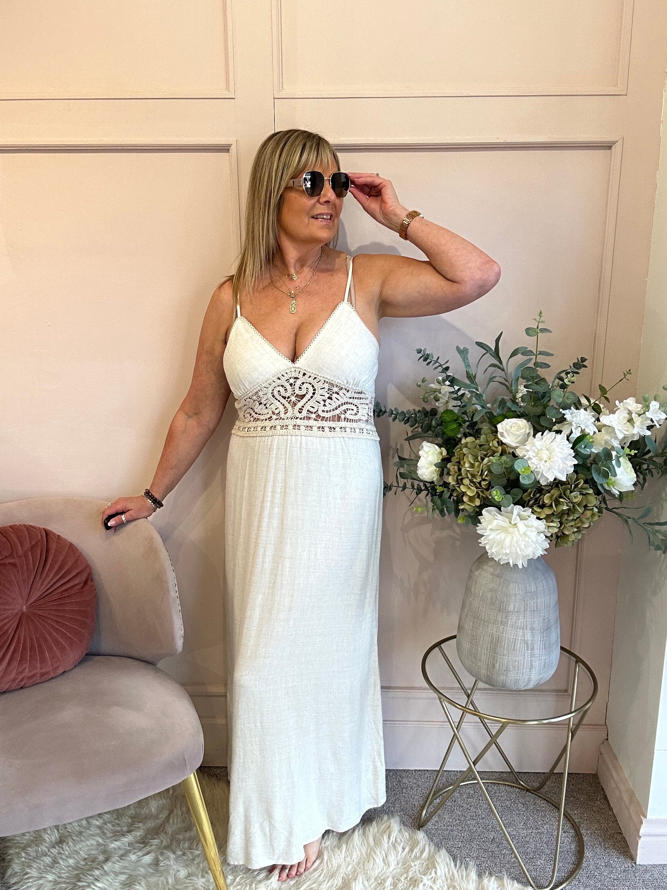 Boho Crochet Waist Maxi Dress - Soft Cream - Wardrobe By Simone