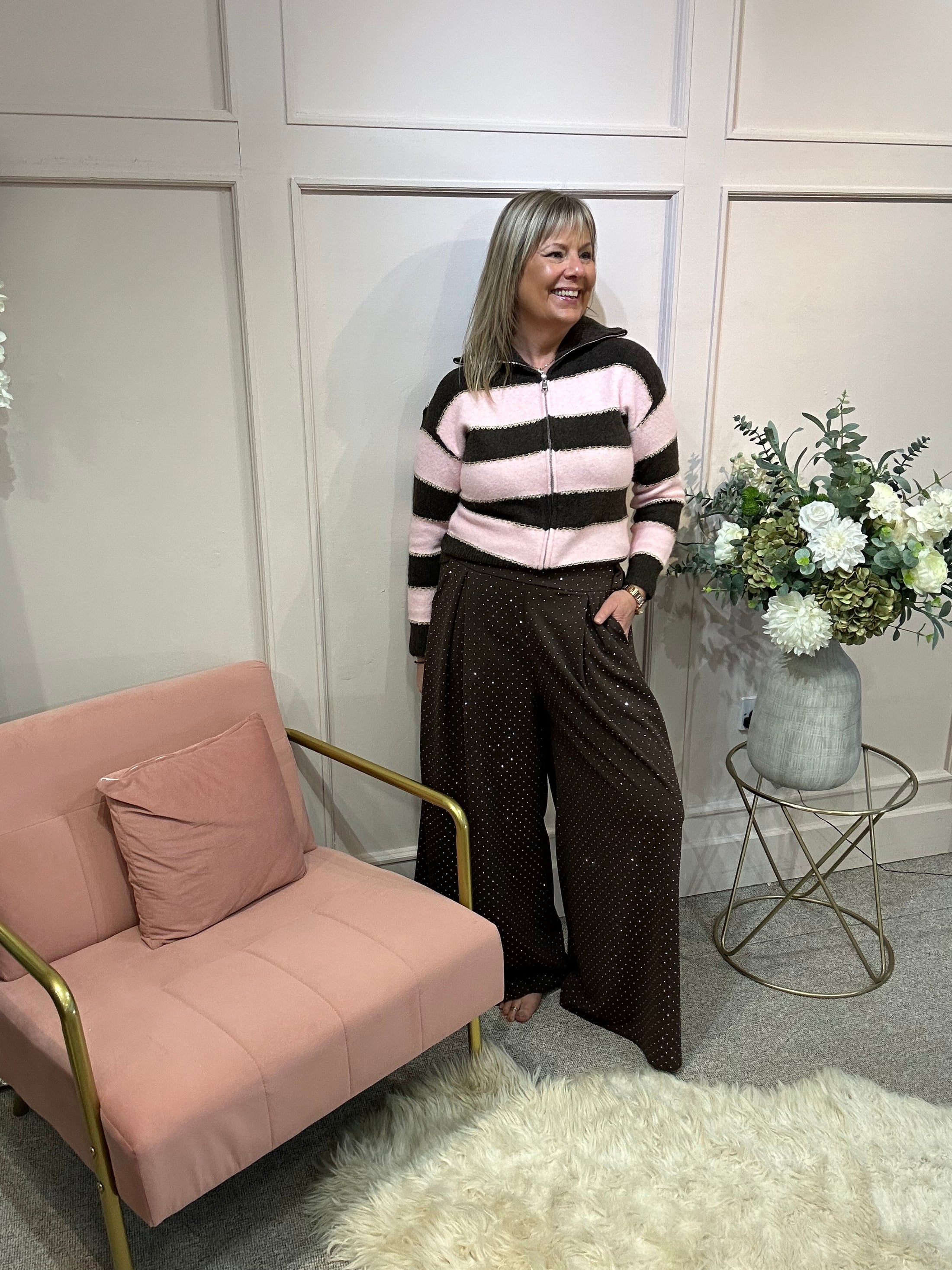 Zipped Stripped cardigan - Brown/Pink