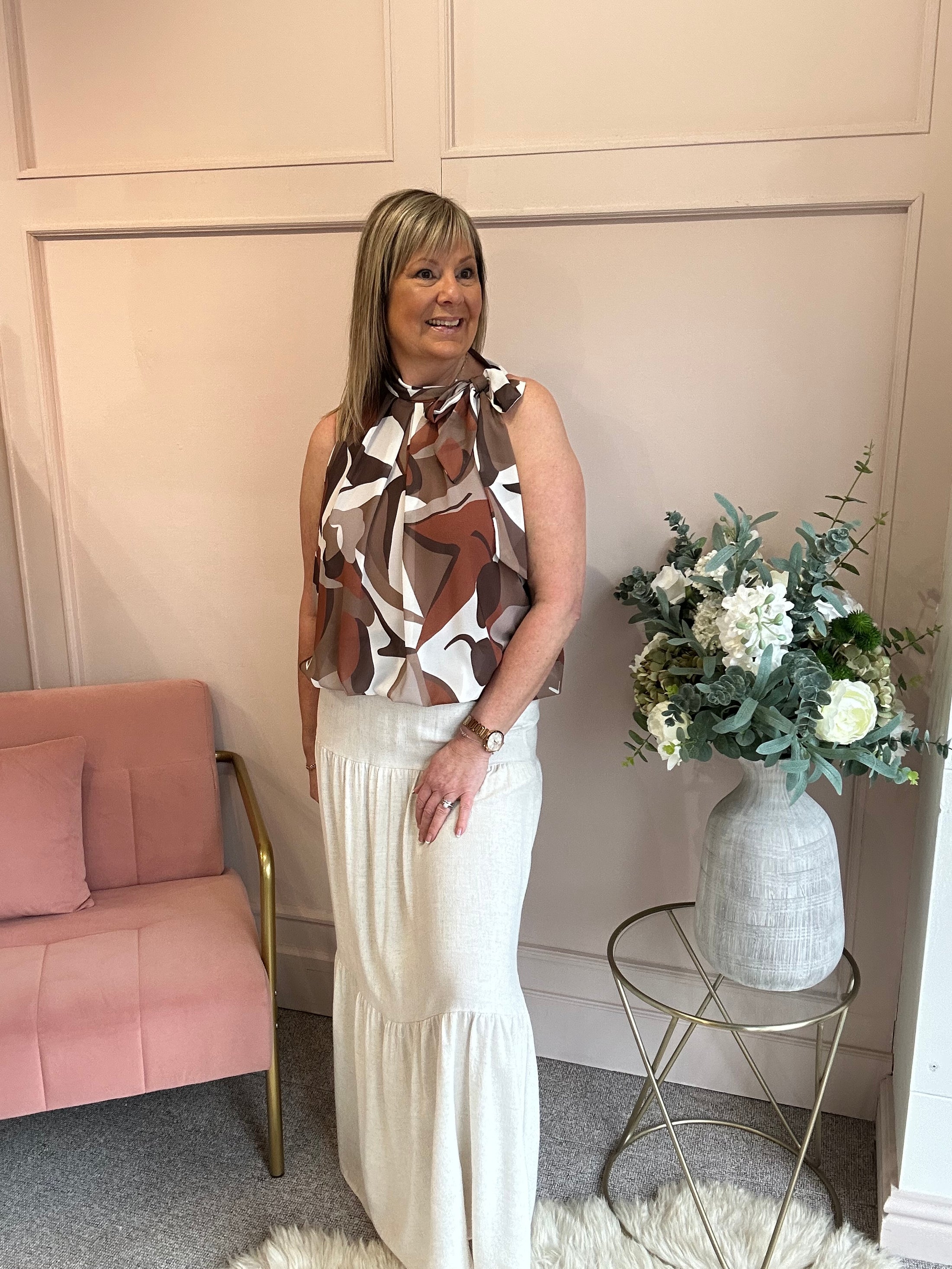 Leaf Print Bow Tie Sleeveless Top - Brown/White - Wardrobe By Simone