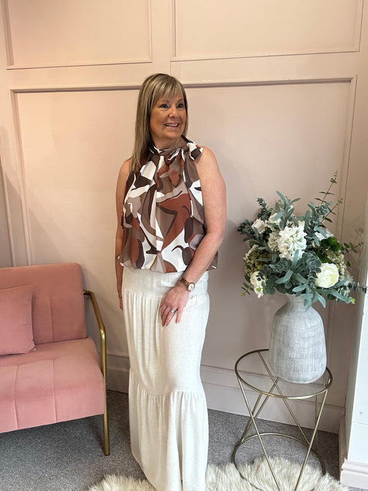 Leaf Print Bow Tie Sleeveless Top - Brown/White - Wardrobe By Simone