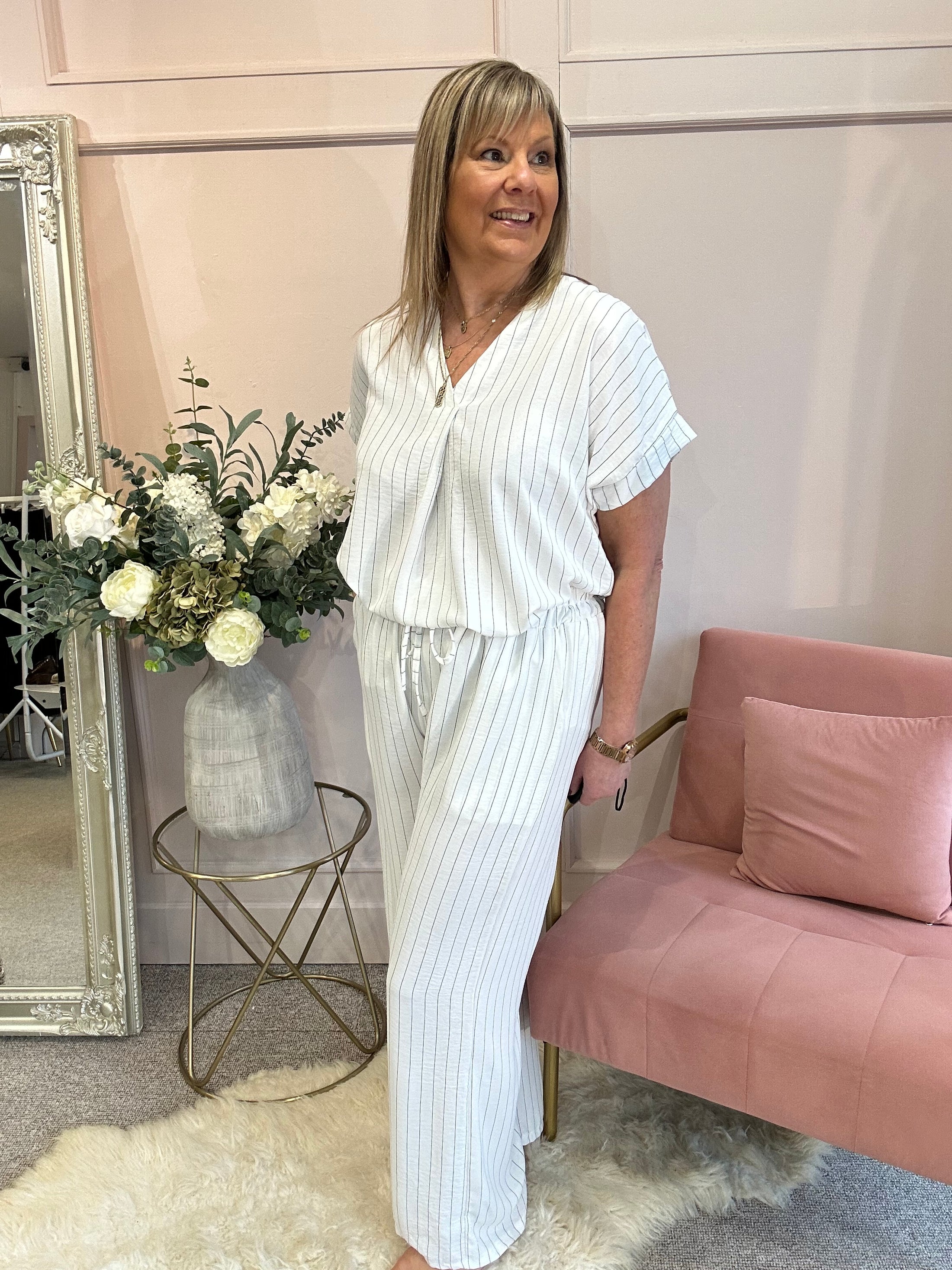 Pinstriped V Neck Top & Pant Set - White/Black - Wardrobe By Simone