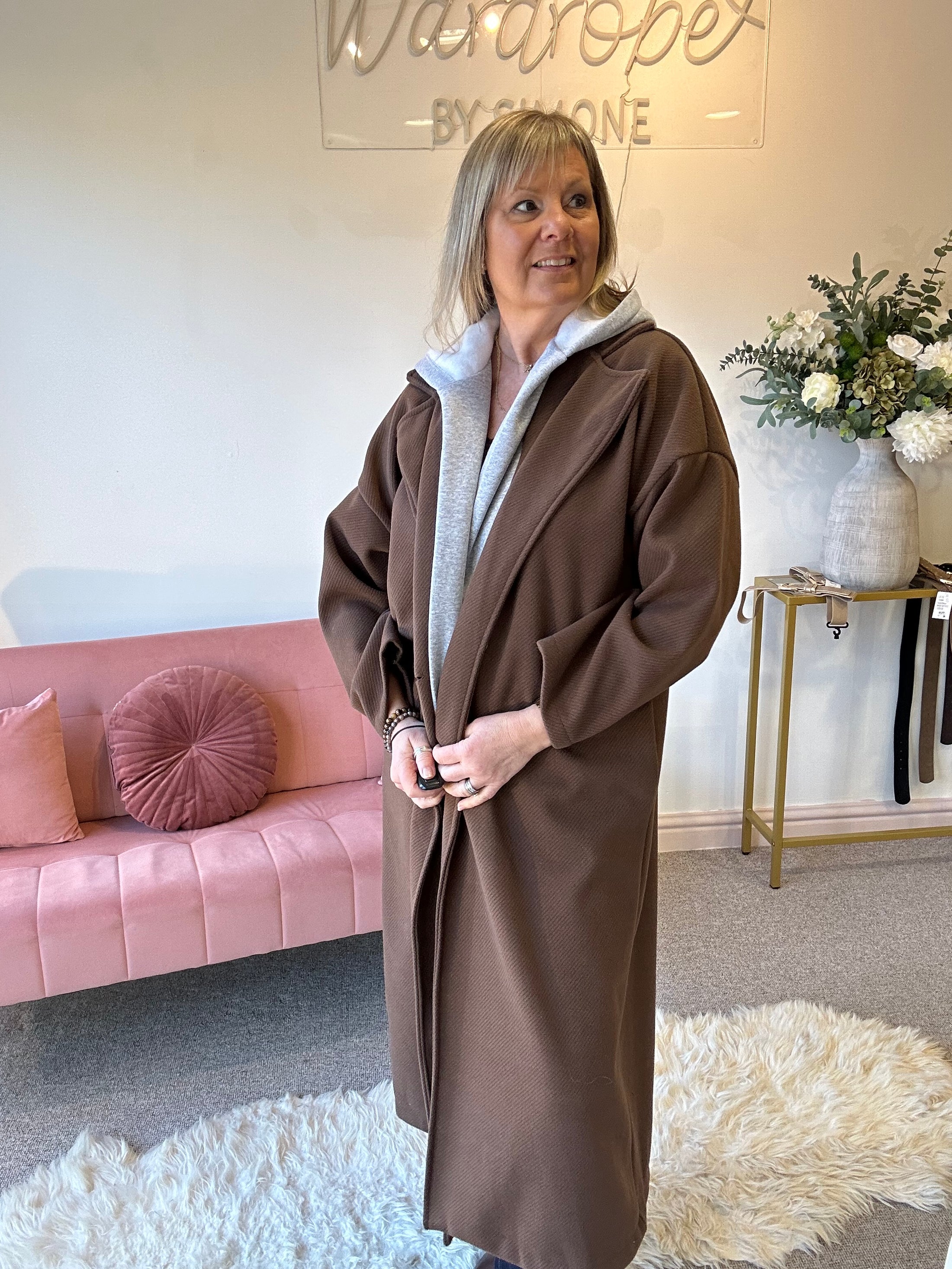 Hoody Two Pocket Long Coat - Brown