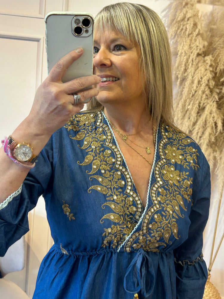 Boho Embroidered Maxi Dress - Dark Blue - Wardrobe By Simone