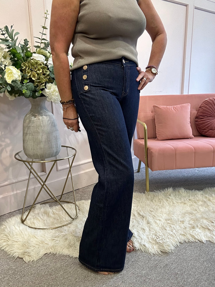 Gold Button Detail Wide Jean - Denim
