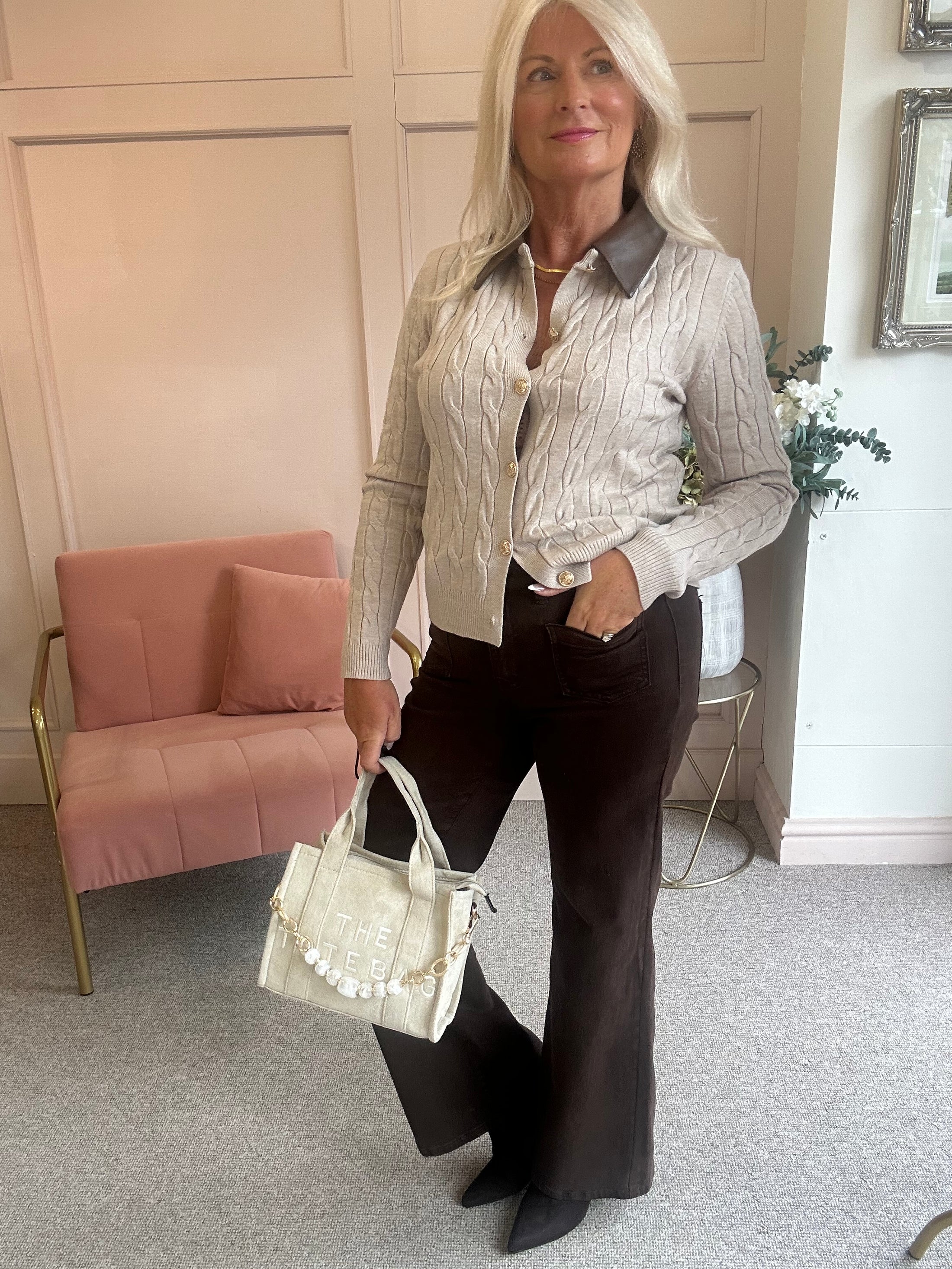 Brown Collared Cardigan- Cream