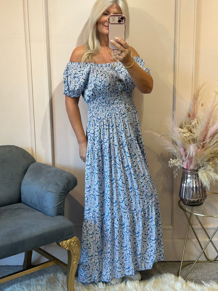Ditsy Flowers Maxi Dress - Blue/White