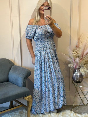 Ditsy Flowers Maxi Dress - Blue/White