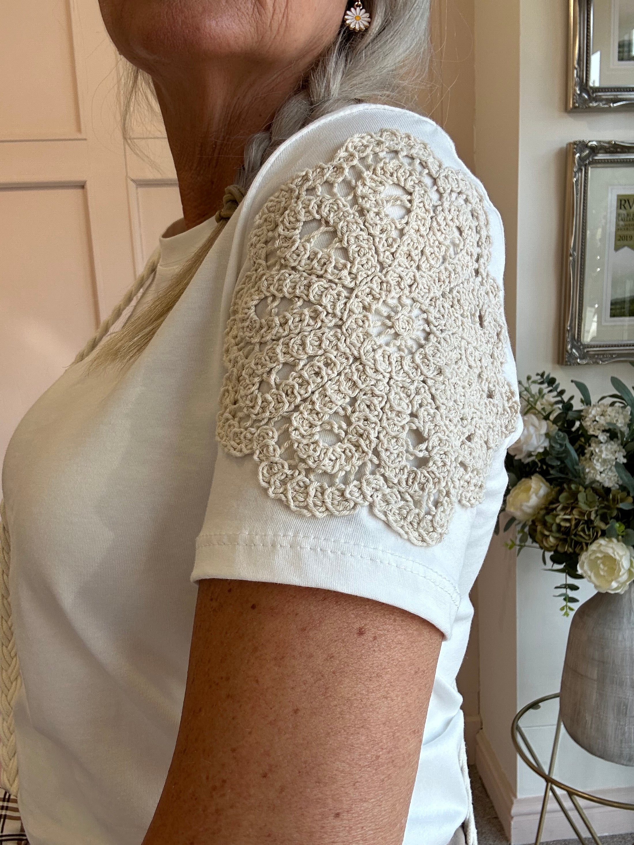 Crochet Flower T Shirt  - White/Cream - Wardrobe By Simone