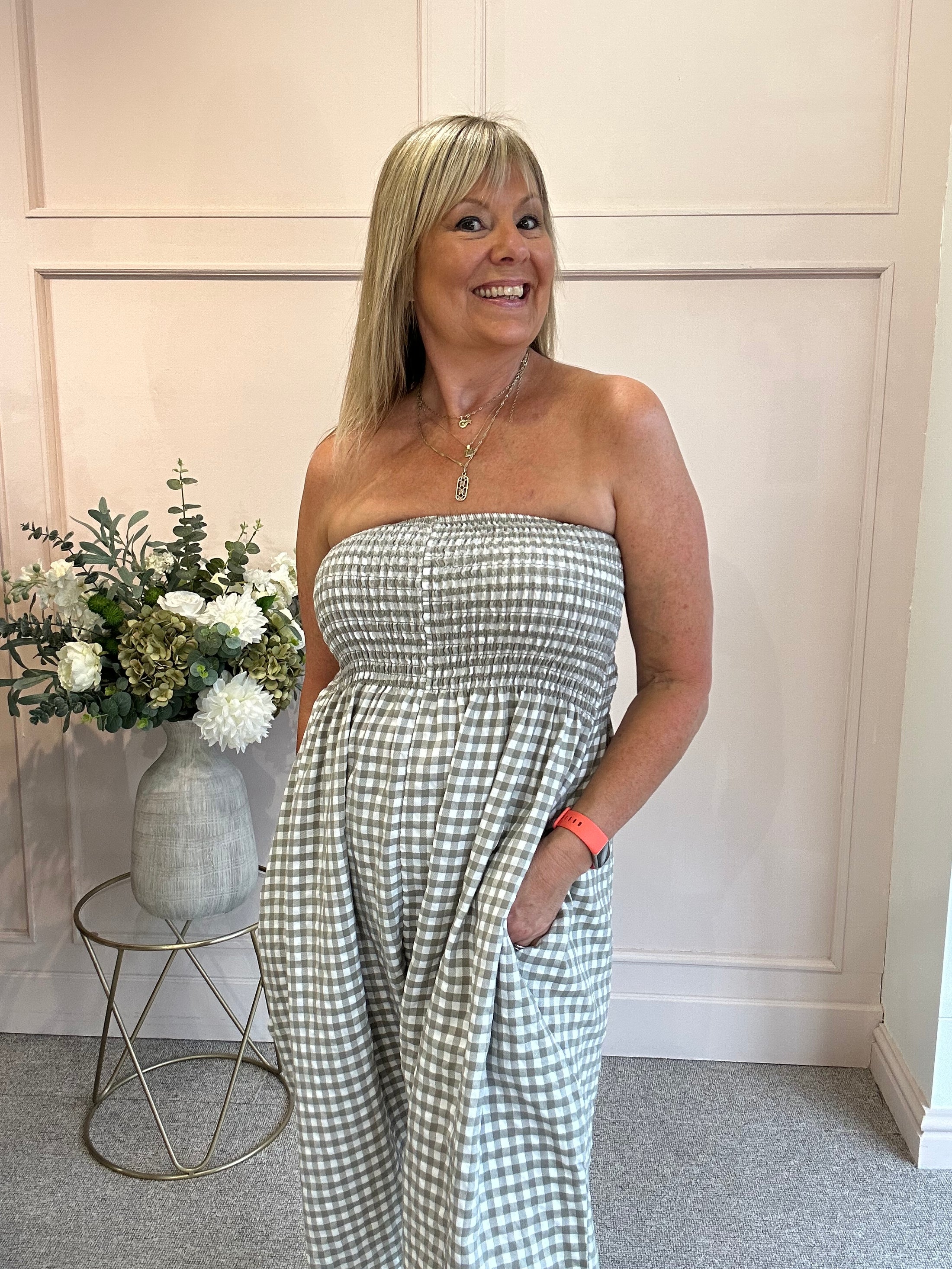 Elasticated Bodice & Gingham Jumpsuit - Taupe/White