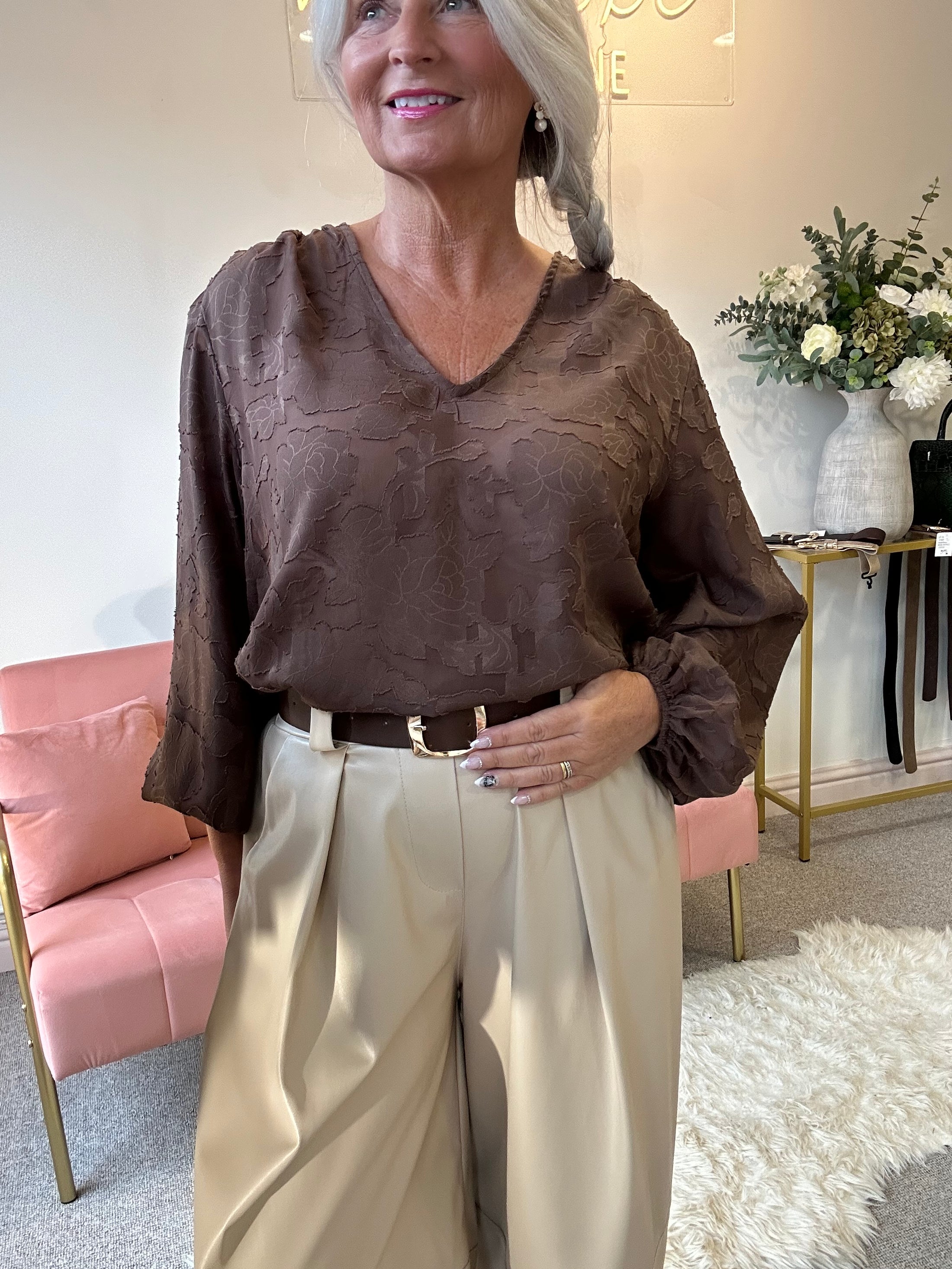 Flower Textured Applique Top - Caramel