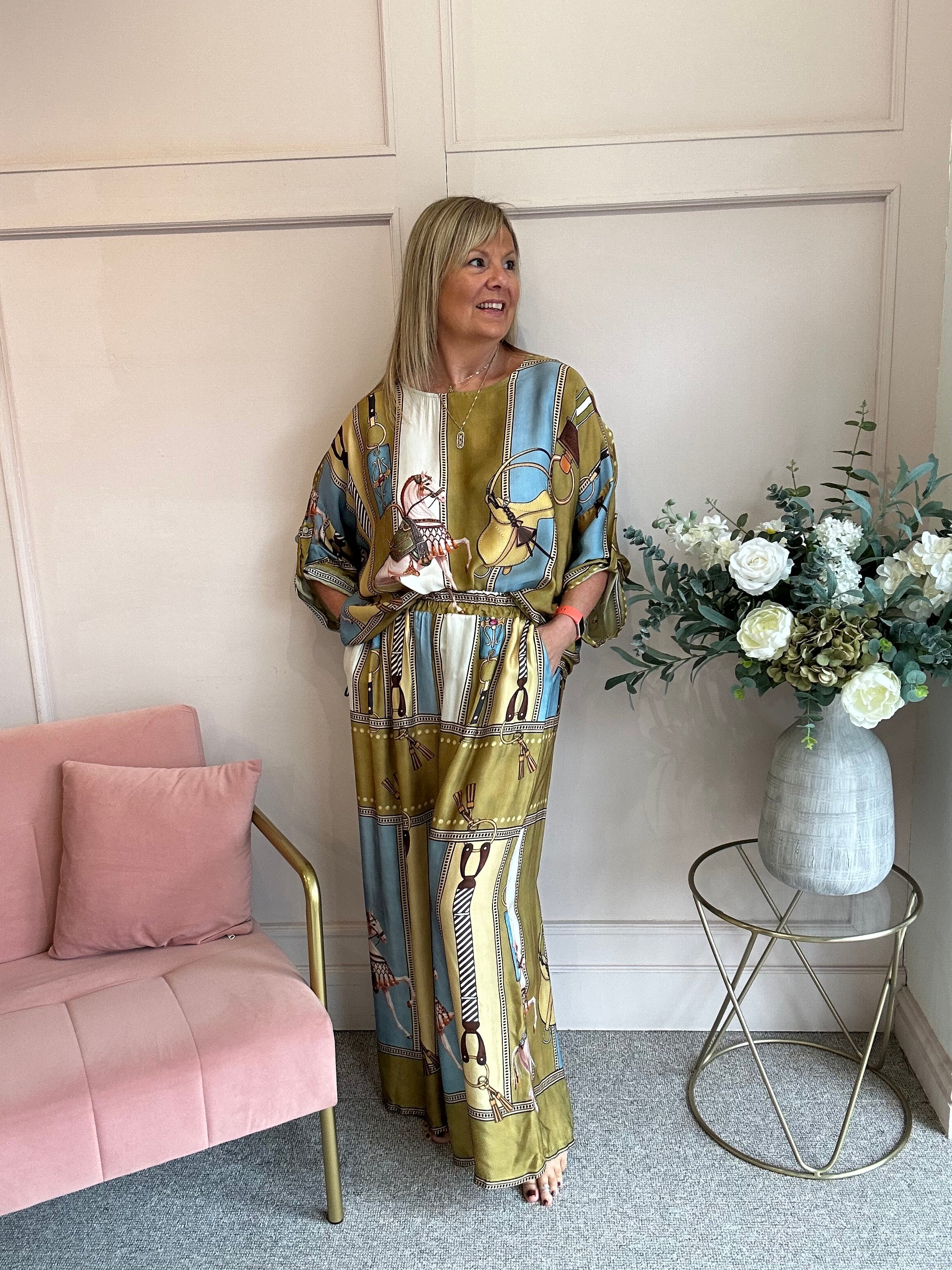 Horse & Bridle Silk Wide Pant - Mustard/Blue - Wardrobe By Simone