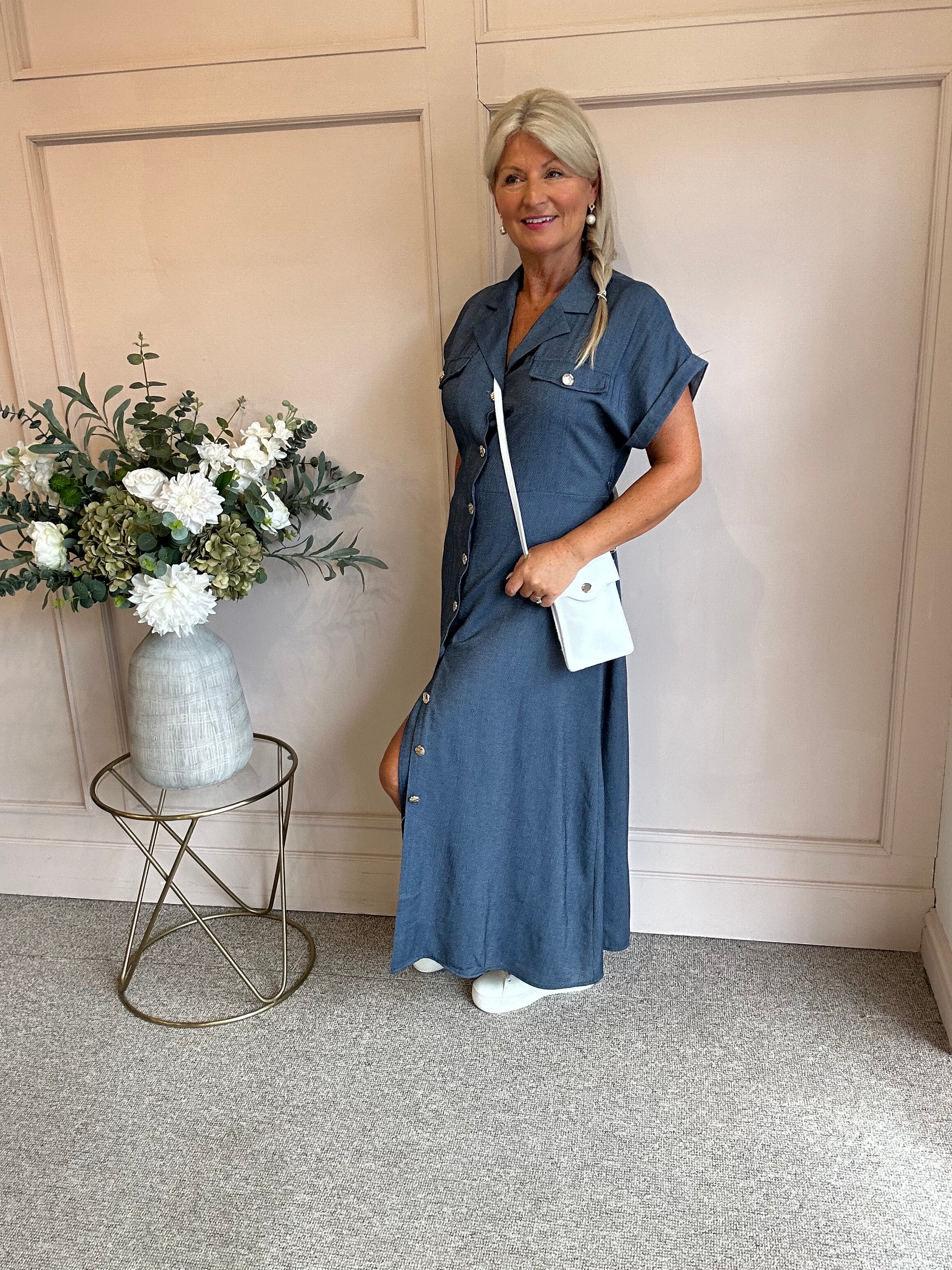 Gold Button Shirt  Dress - Denim Blue - Wardrobe By Simone