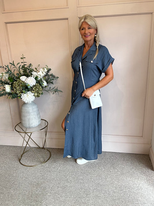 Gold Button Shirt  Dress - Denim Blue - Wardrobe By Simone