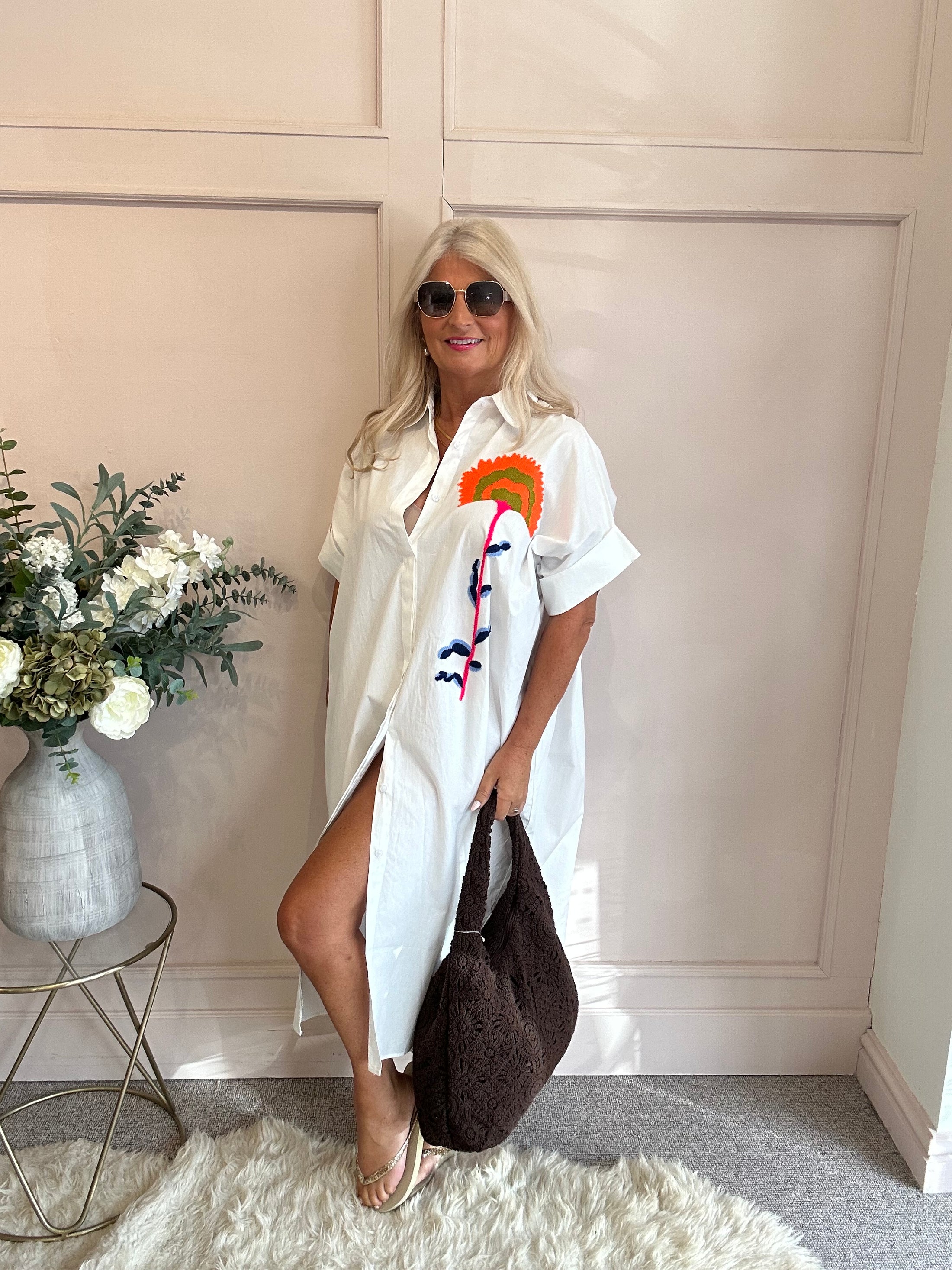 Soleil Embroidered Maxi Shirt  - White - Wardrobe By Simone