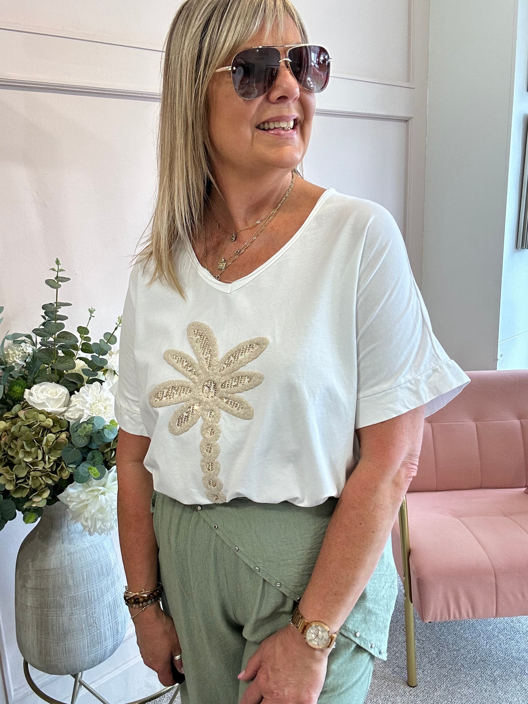 Palm With Gold Sequin T Shirt  - White