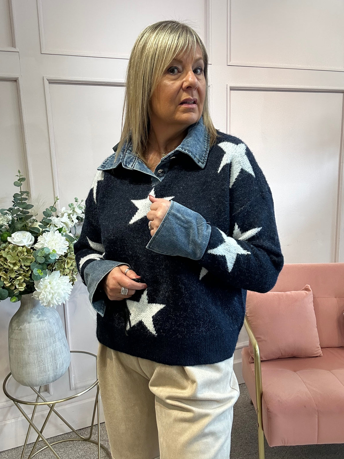 Stars & Denim Collar Jumper - Navy/White