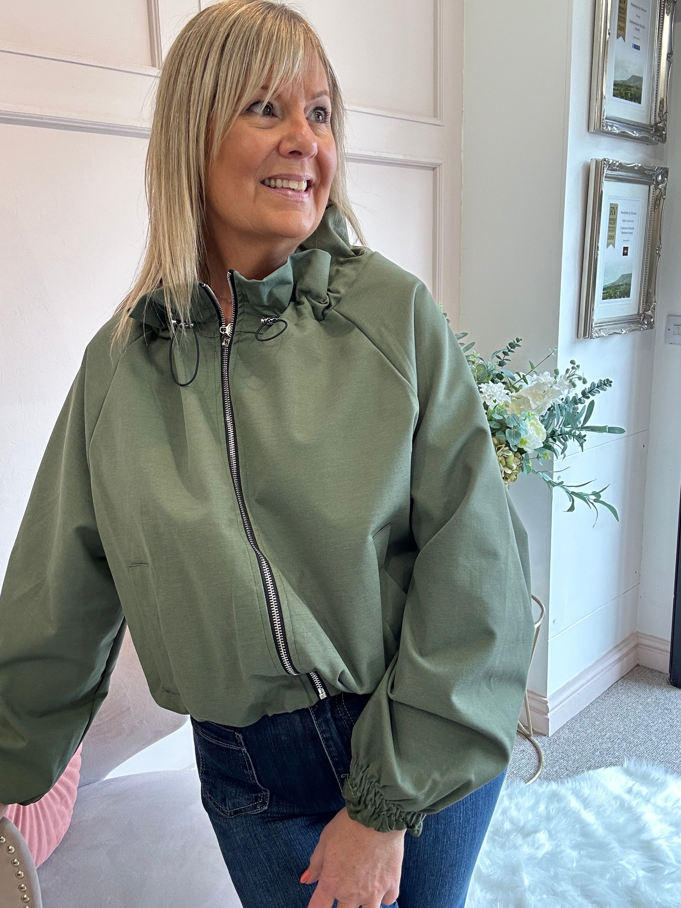 Ruffle Collar Zip Jacket - Khaki Green