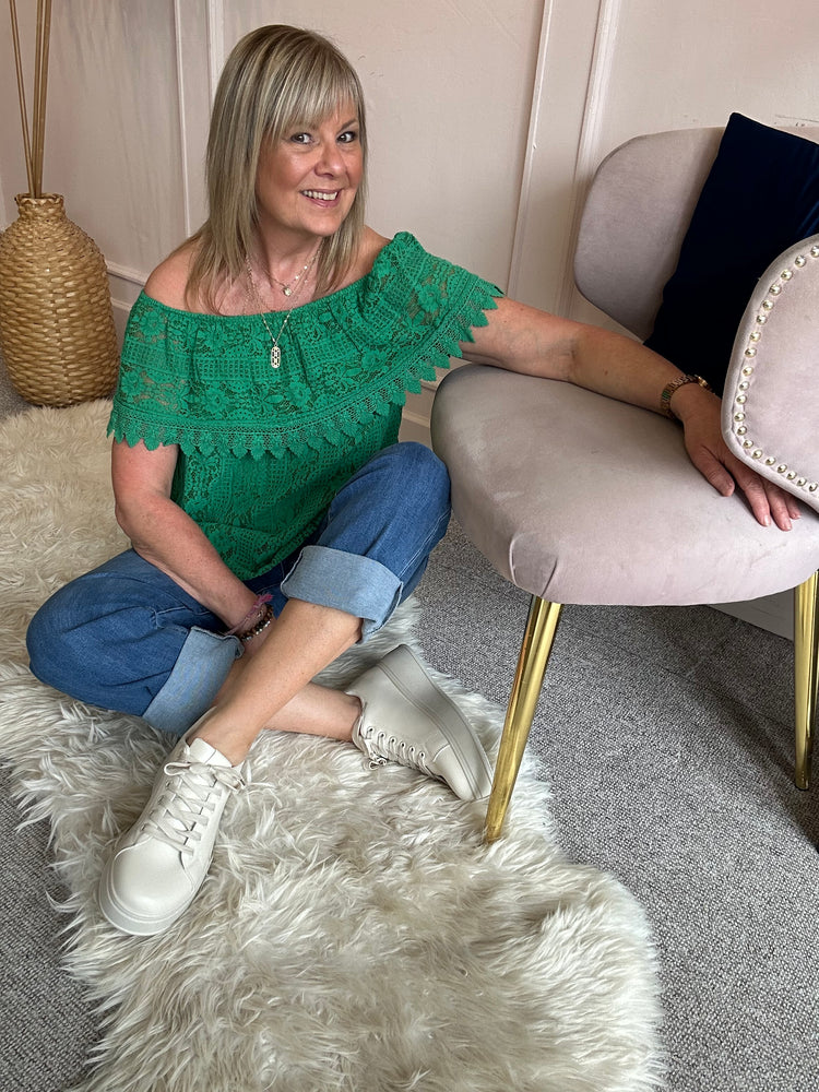 Bardot Lace Effect Top  - Emerald Green