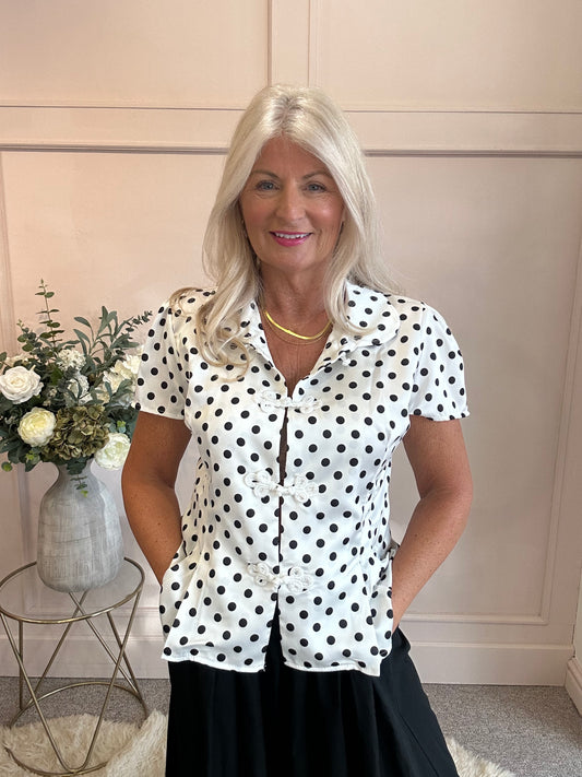 Spotty Collared Shirt Blouse - White/Black - Wardrobe By Simone