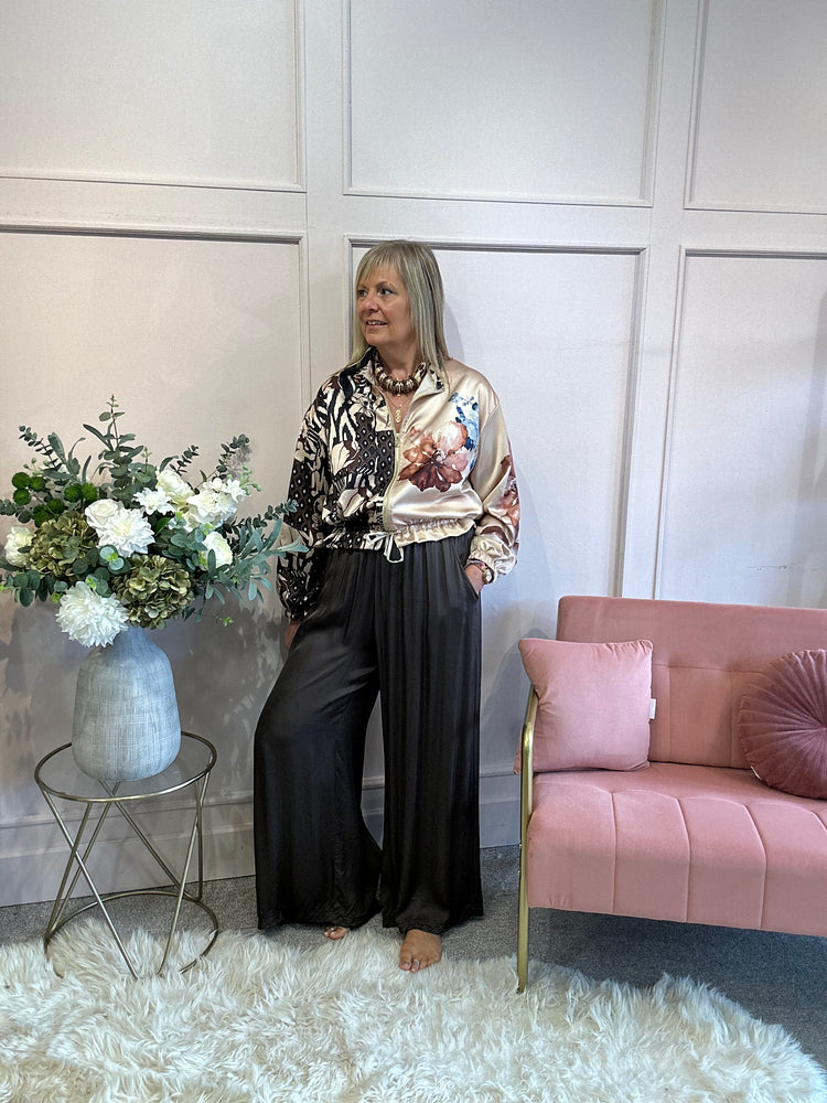 Aztec & Floral Satin Zip Bomber - Browns/Blues - Wardrobe By Simone